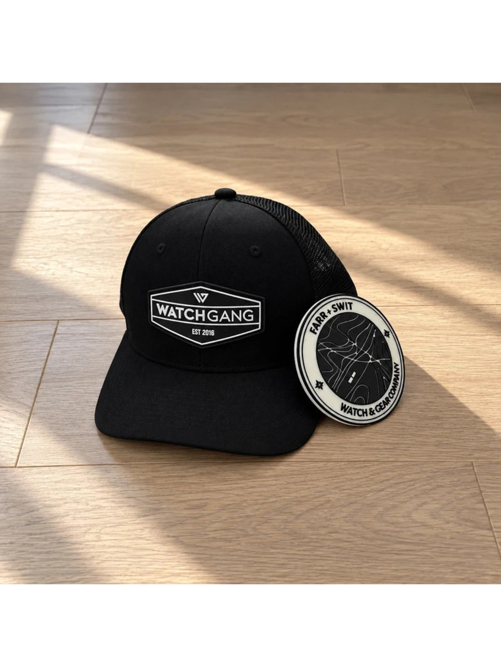 WatchGang Black Trucker Hat Snapback + Farr & Swit Watch Coaster Bundle